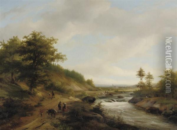 A Panoramic River Landscape With Travellers On A Path Oil Painting - Anthonie Braakman