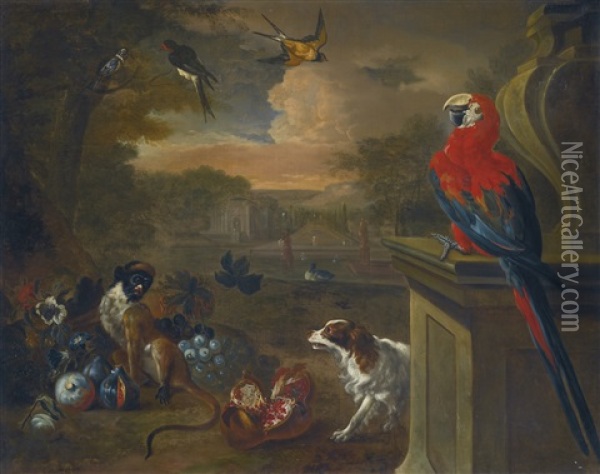 A Monkey A Spaniel, A Macaw, A Swallow And Other Birds In An Extensive Parkland Landscape Oil Painting - Jakob Bogdani