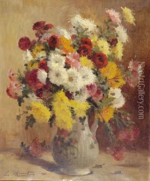 Dalhias Dans Un Vase Oil Painting - Louis Emile Minet