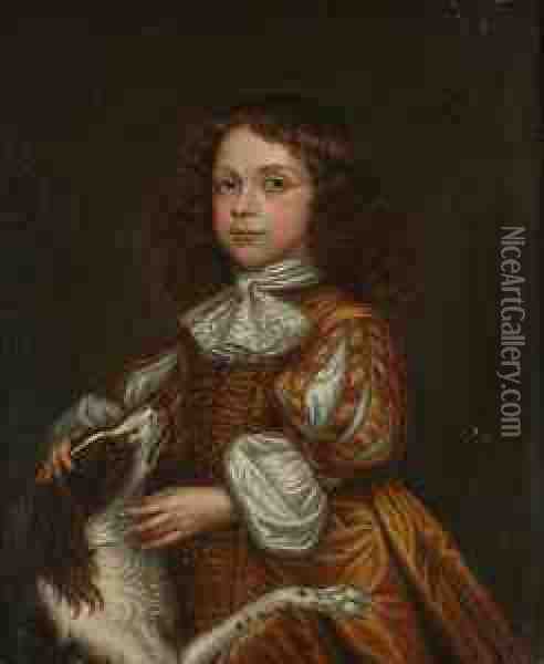 Portrait Of A Young Boy, 
Three-quarter-length, In Gold Costume And A White Lace Jabot, Petting A 
Spaniel Oil Painting - John Hayls