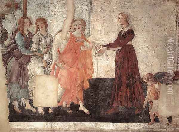 Venus and the Three Graces Presenting Gifts to a Young Woman c. 1484 Oil Painting - Sandro Botticelli