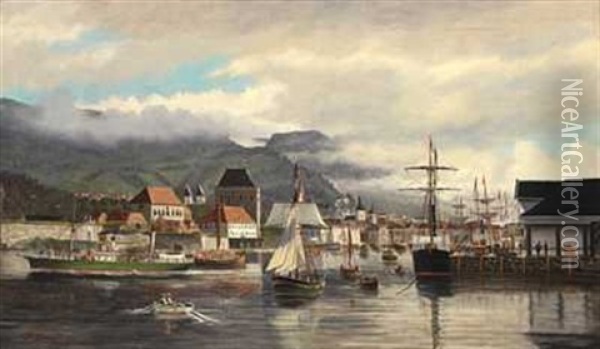 Bergen Havn Sett Fra Sjosiden Oil Painting - Theodor Sovig
