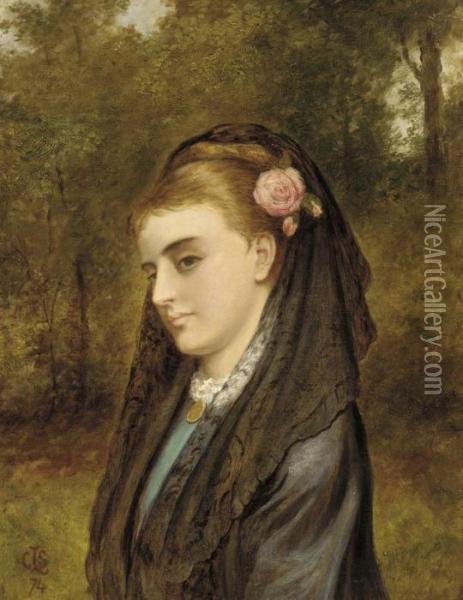 Portrait Of A Young Lady In A Black Lace Mantilla, A Pink Rose Inher Hair Oil Painting - Charles Sillem Lidderdale