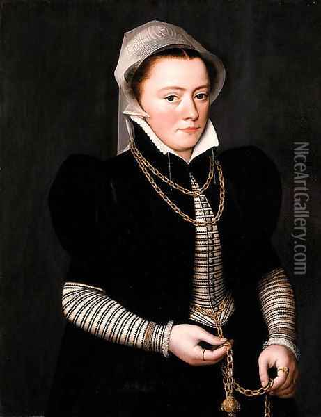 Portrait of a Lady, three-quarter length, wearing a striped bodice and black coat, holding a pomander on a gold chain Oil Painting - Pieter Pourbus