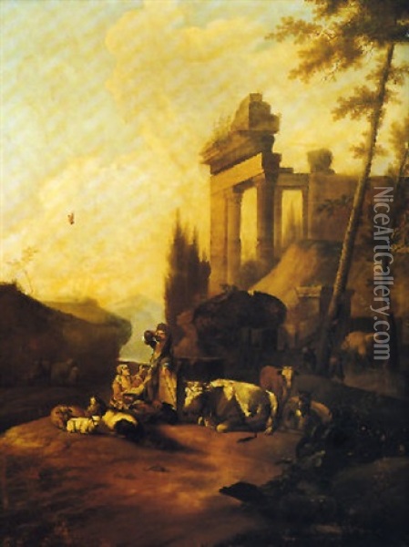 Paesaggio Con Pastori E Animali Presso Ruderi Antichi Oil Painting - Pieter Jacobsz. van Laer