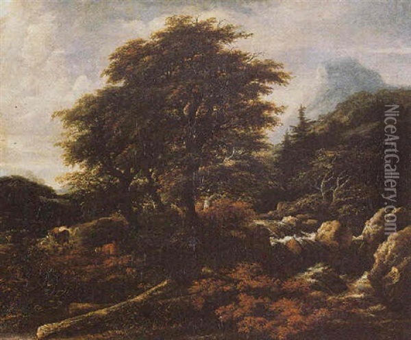 A Mountainous Landscape With A Torrent And Cattle In A Meadow Oil Painting - Jacob Salomonsz van Ruysdael
