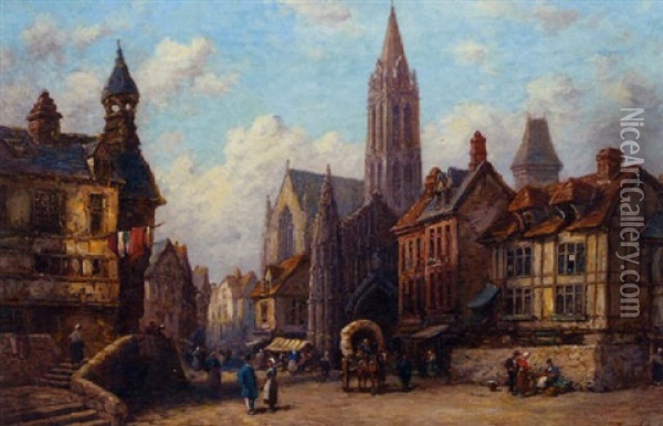 A Continental Town Scene Oil Painting - Jules Achille Noel