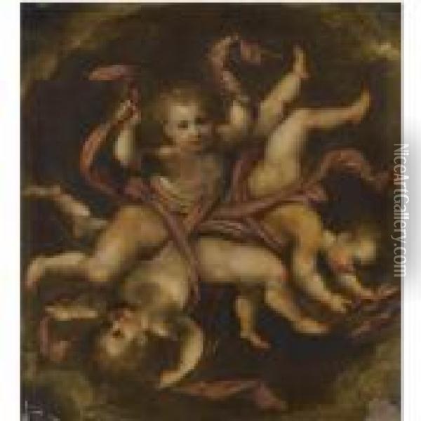 A Circle Of Putti Entwined With Red Drapery Oil Painting - Hendrick De Clerck