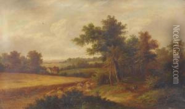 An Extensive Landscape With A Traveller On A Track Before A Cottage, A Cornfield And Harvesters Beyond Oil Painting - W. Yates