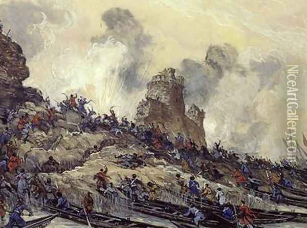 Don Cossacks Capturing the Fortress of Azov Oil Painting - Nikolai Mikhailovich Kochergin