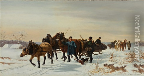 Bauern Mit Pferdeschlitten Beim Holztransport In Winterlicher Landschaft Oil Painting - Friedrich Jaeger