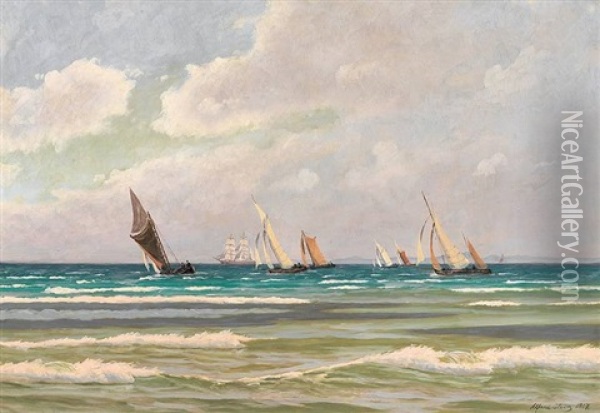 Blick Uber Eine Bucht Mit Segelbooten Auf Regatta Oil Painting - Alfred Olsen
