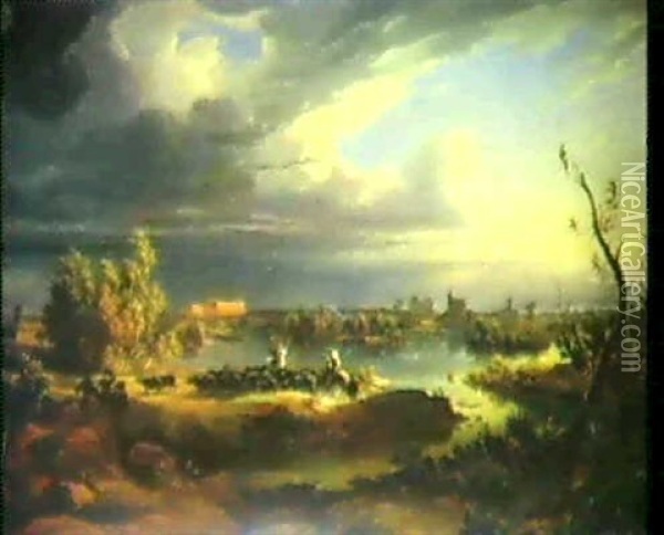 Romische Campagnalandschaft Oil Painting - Johann-Rudolph Buhlmann