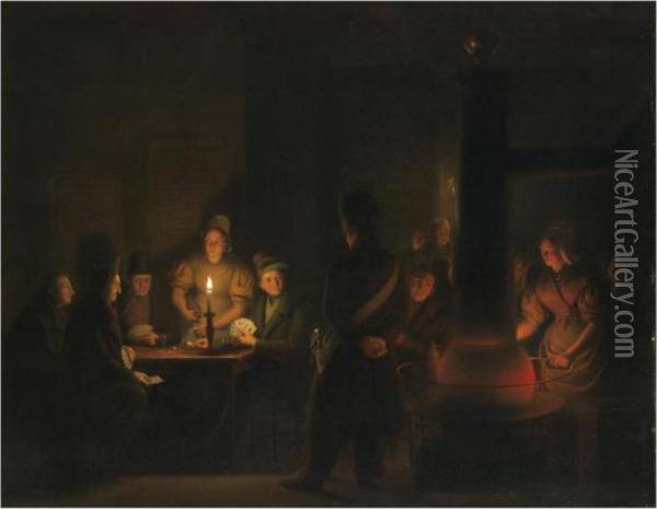 The Card Game Interrupted Oil Painting - Petrus van Schendel