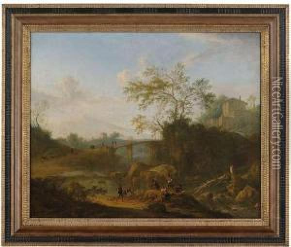Italianate Landscape With River Fishers In The Foreground And Numerous Staffage Figures. Oil Painting - Nicolas, Dit Opgang Piemont