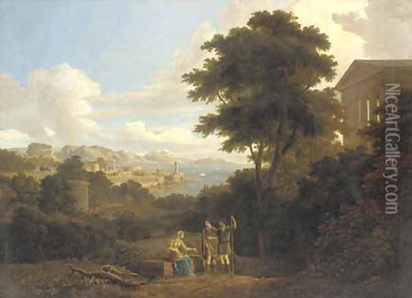 A classical landscape with figures conversing on a hilltop near a temple, a coastal town beyond Oil Painting - Hendrik Frans Van Lint