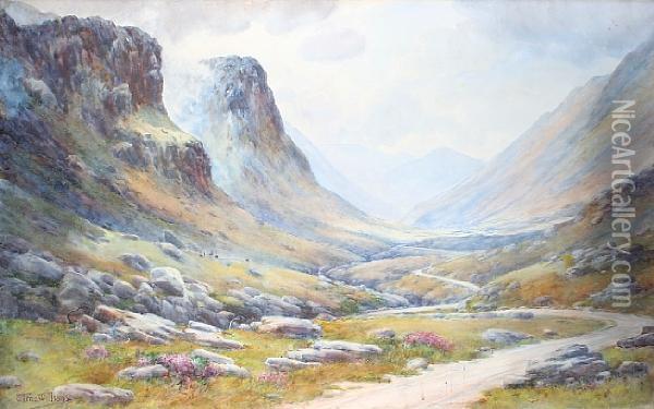 Llanberis Pass, A Mountainous Landscape Oil Painting - Warren Williams