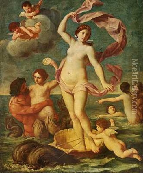 Den Skumfodte Venus Staende Pa En Muslingeskal I Havet, Omgivet Af Engle Og Havnymfer Oil Painting - Agostino Carracci