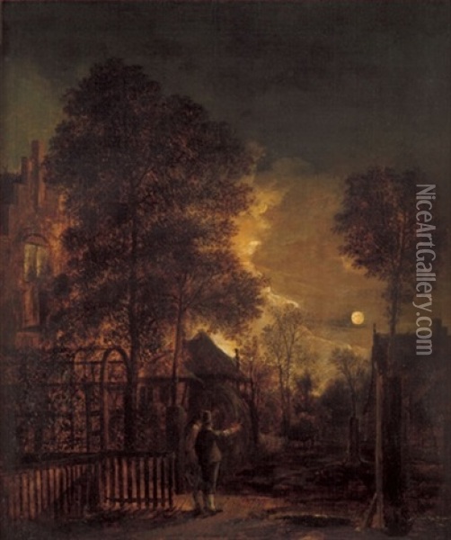 Zwei Manner In Einem Park In Betrachtung Des Mondes Oil Painting - Aert van der Neer