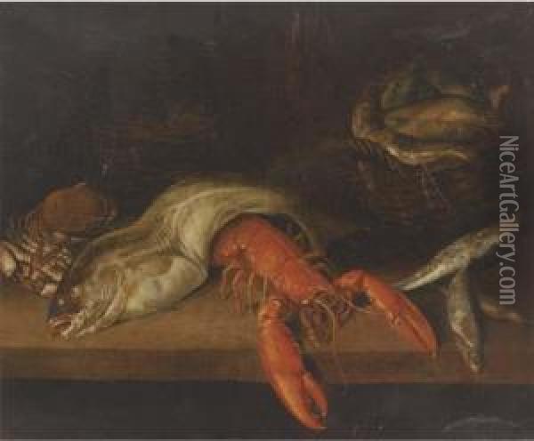 A Lobster, A Basket Of Fish, A Crab, A Cod And Other Fish On Aledge Oil Painting - Abraham Hendrickz Van Beyeren