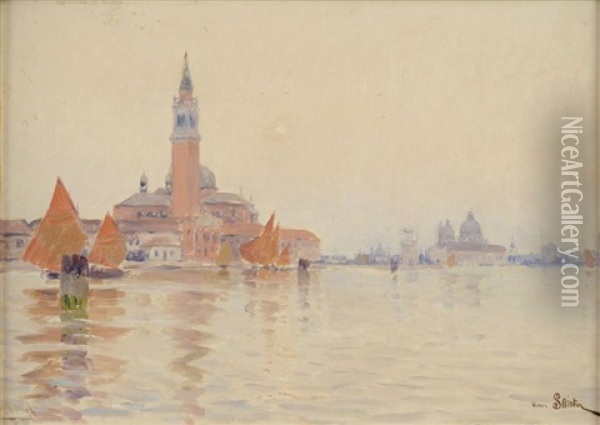 Venise, Campanile Aux Voiles Oranges Oil Painting - Henri Saintin