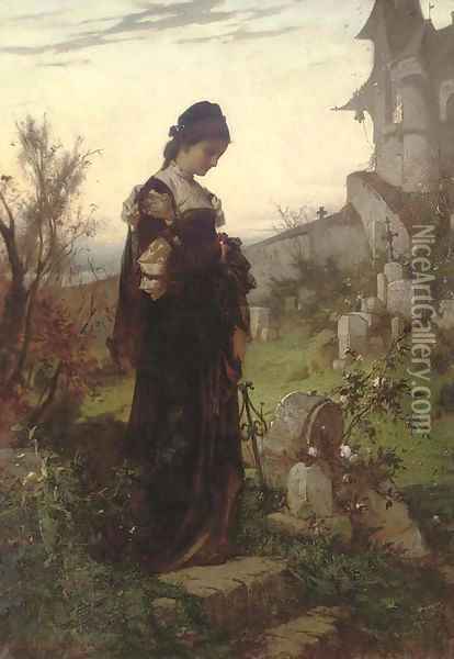 A stroll in the churchyard Oil Painting - Sandor Liezen-Mayer