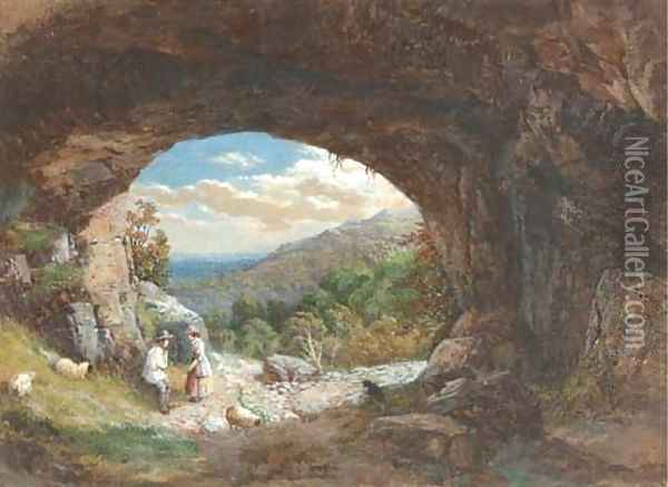 Figures at the entrance to a cave, an extensive landscape beyond Oil Painting - Bradford Rudge