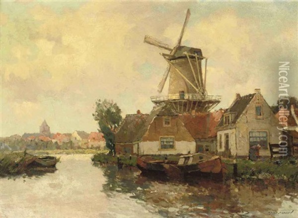 A Dutch Town With A Windmill Oil Painting - Gerard Delfgaauw