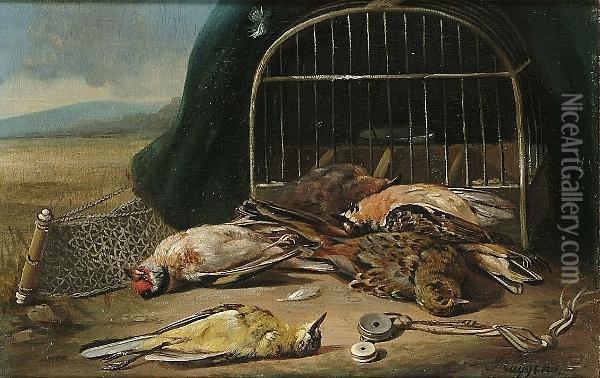 Still Life With Goldfinch, Brambling, Yellowhammer And Grey Wagtail Oil Painting - Francois-Joseph Huygens