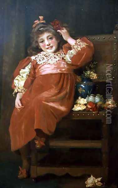 A full length portrait of a pretty young girl in a red dress, reclining in a chair Oil Painting - Hariette Sutcliffe