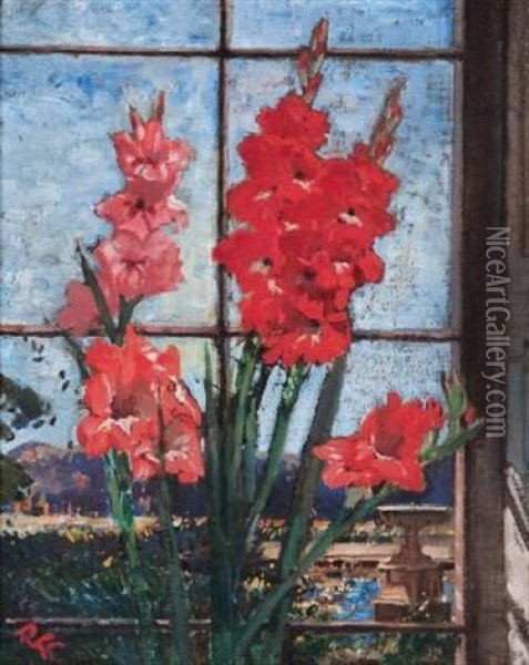 Gladioli In A Windowsill Oil Painting - Robert Gwelo Goodman