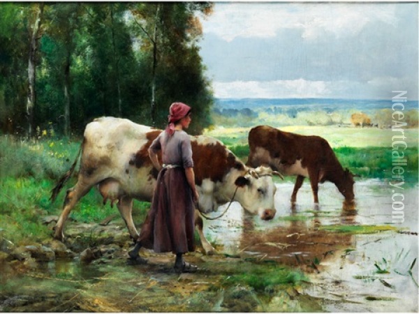 Junge Frau Beim Rinder Tranken Oil Painting - Julien Dupre