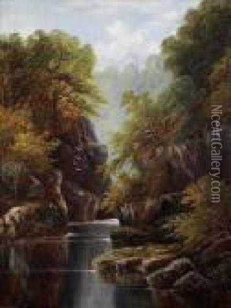 A Wooded River Ina Rocky Gorge Oil Painting - William Mellor