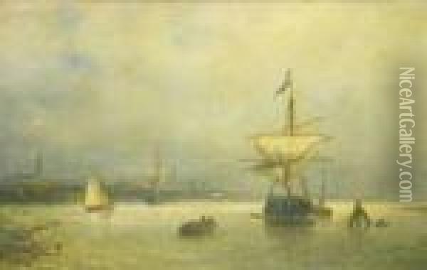 Shippingin An Estuary By A City Oil Painting - Nicolaas Riegen