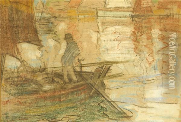 Study Of A Figure Atthe Tiller Of A Sailing Barge Oil Painting - Robert Brough