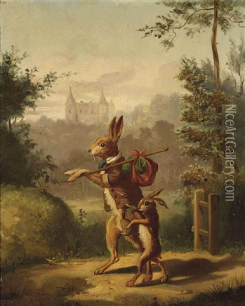 Two Hares With A Knapsack, A Castle Beyond Oil Painting - Bernard de Gempt