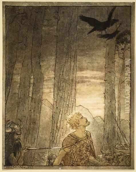 Siegfrieds death, illustration from Siegfried and the Twilight of the Gods, 1924 Oil Painting - Arthur Rackham