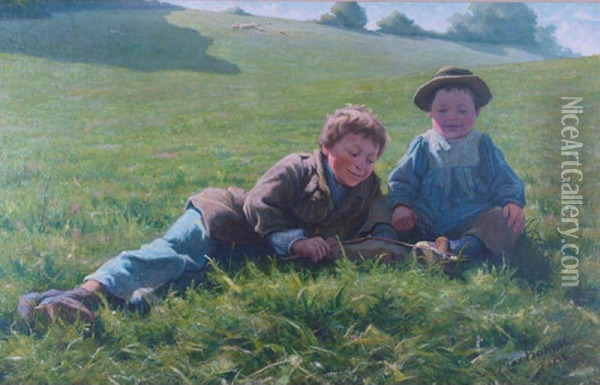 Two Boys With A Snail Oil Painting - Max Bohm
