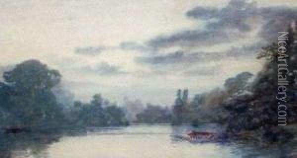 Lake Scene With Moored Boats Oil Painting - Henry Pilleau
