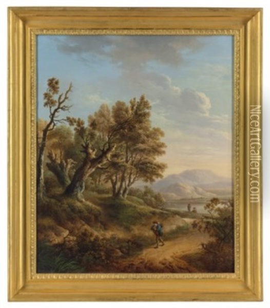 A Wooded Landscape With A Traveller On A Wooded Path Oil Painting - Charles Towne