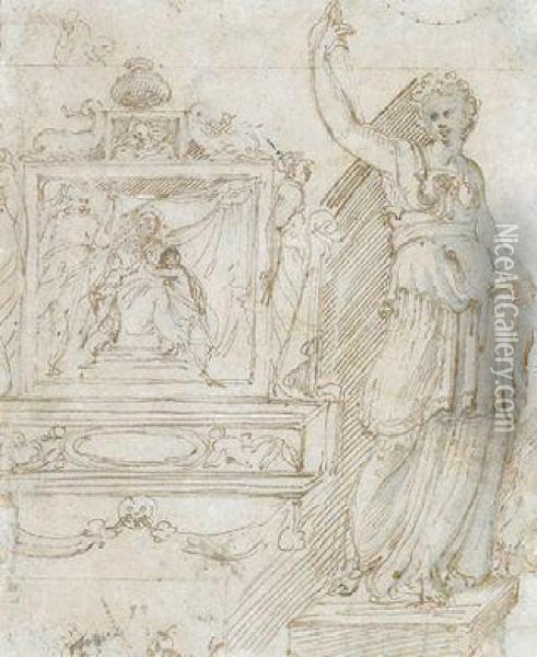 Studienblatt Zu Einem Altarentwurf Mit Der Heiligen Familie Und Johannes Dem Taufer Oil Painting - Perino del Vaga (Pietro Bonaccors)