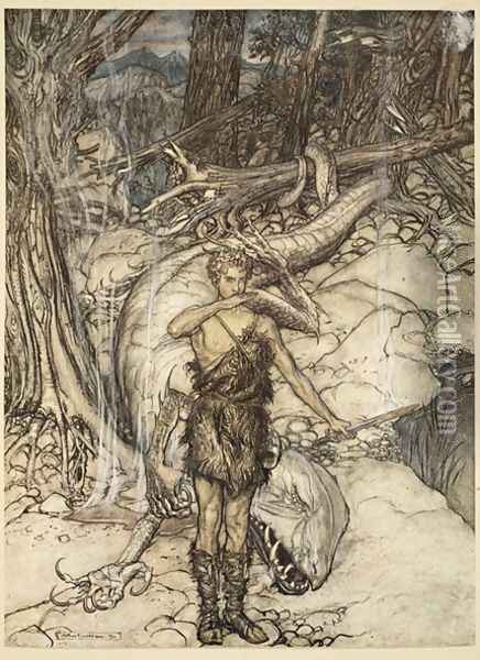 The hot blood burns like fire, illustration from Siegfried and the Twilight of the Gods, 1924 Oil Painting - Arthur Rackham