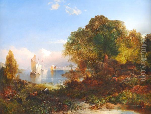 View Through Trees To Ships At Anchor In A Bay Oil Painting - William S. Rose