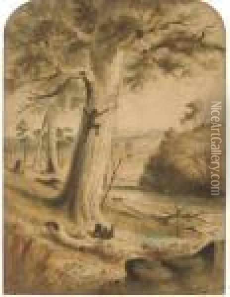 Gum Trees, Natives Opposum Hunting, South Australia Oil Painting - Samuel Thomas Gill