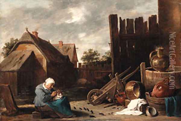 A cat tended by an old woman being teased by rats in a farmyard Oil Painting - David III Teniers