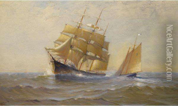 Clipper Ship And Sailboat Oil Painting - Marshall Johnson