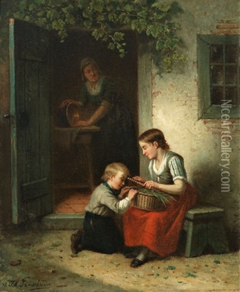 Familienidyll. Mutter Bei Der Hausarbeit Schaut Den Spielenden Kindern Zu Oil Painting - Jan Jacobus Matthijs Damschroeder