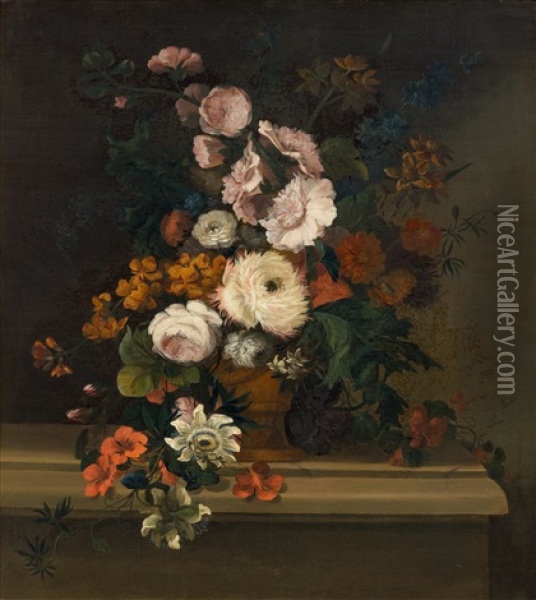 Still-life With Flowers In A Vase On A Stone Plinth Oil Painting - Justus van Huysum the Elder