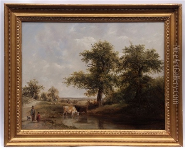 Landscape With Figures And Cattle Watering Oil Painting - James Stark
