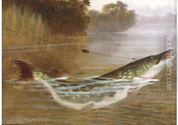A hooked pike Oil Painting - A. Roland Knight